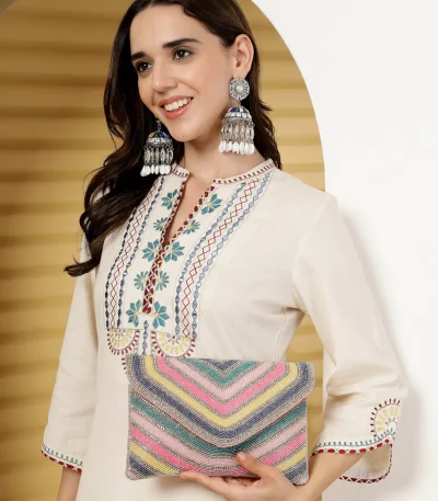 Kooky Striped Embellished Satin Sling Bag